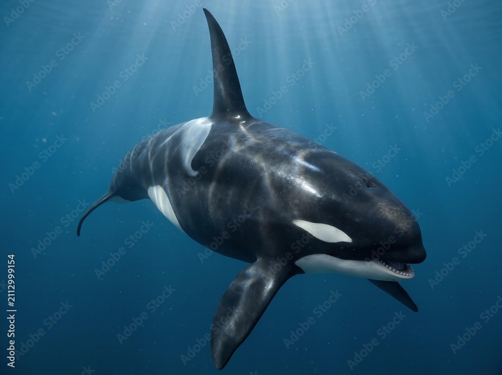 Obraz premium Orca Killer Whale Gliding Through Blue Ocean Water Sunlight Beams