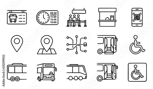 Bus station ecosystem line icon set with schedule, ticket booth, route network and accessibility symbols editable stroke vector
