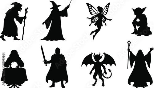Bild auf Leinwand Fantasy Magic Silhouette Icons Set Vector Featuring Wizard, Fairy, Goblin, Knigh