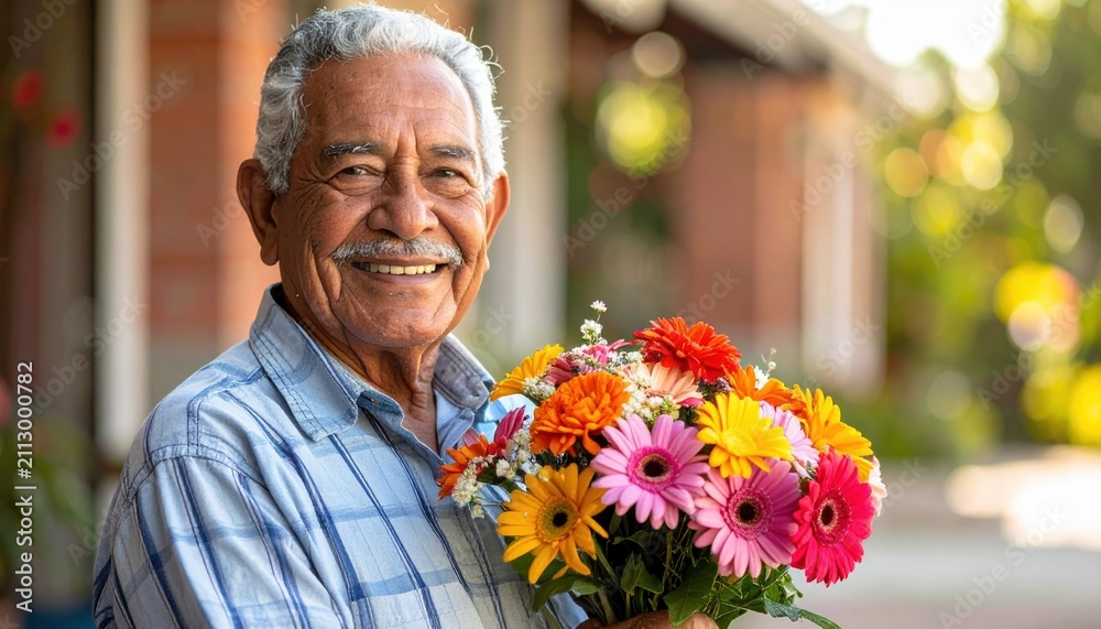Fototapeta premium senior man holding bouquet of flowers
