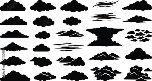 Foto Collection of various black cloud shapes isolated on a white background, for wea