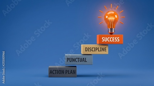 Conceptual steps leading to success with discipline with labeled blocks forming staircase towards glowing light bulb