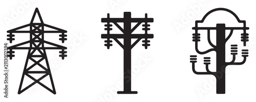 Electricity transmission tower and pole vectors set electrical industry power lines infrastructure isolated on background.