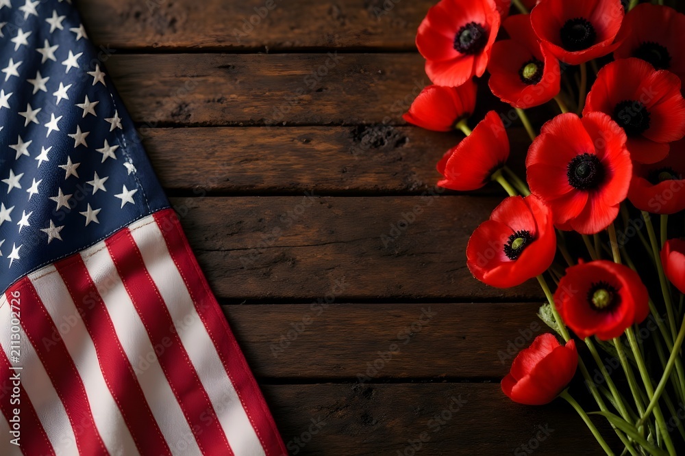 Obraz premium American Flag with Red Poppies on Rustic Wooden Background