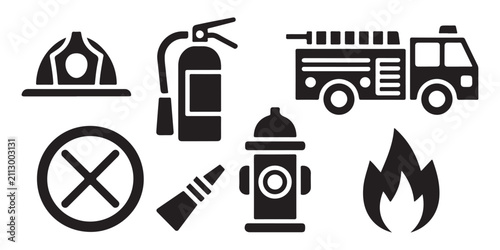 Fotografía Firefighting safety equipment vector collection showing helmets fire trucks extinguishers and hydrant