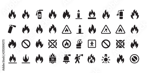 Foto Comprehensive collection of fire safety signs and hazard symbols on isolated gray grid background