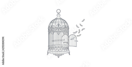 Obraz na płótnie Vintage Ornate Birdcage with Floating Feathers Vector Illustration