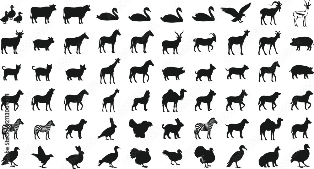 Obraz premium Silhouette illustration of diverse animals including farm, wild, and birds arranged in grid symbolizing classification, recognition, nature, education