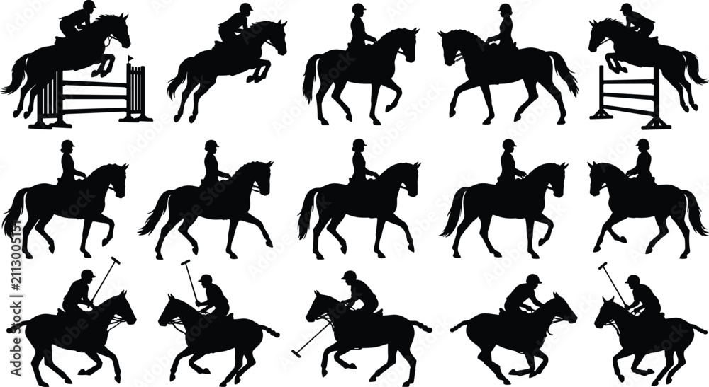 Obraz premium Equestrian sports silhouette collection featuring horse riding jumping dressage and polo players for athletic graphic design