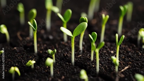 The growth of plant seedlings in the soil, seeds breaking through the soil and sprouting and growing