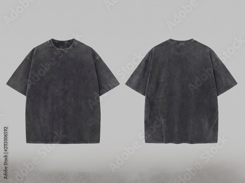 Bild auf Leinwand Front and back view of a blank black acid wash oversized t-shirt mockup for stre