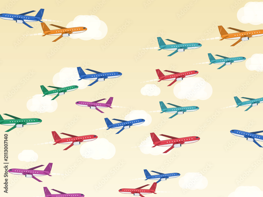 Obraz premium Flying Planes Contrail Pattern Airline Design Backdrop