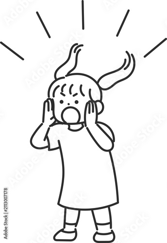 大声で叫ぶ小学生の女の子のイラスト　線画のみ