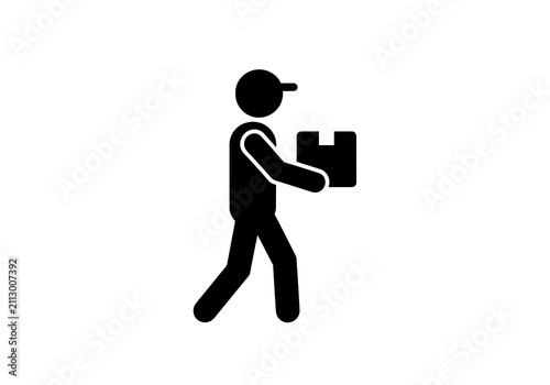 Minimalist black icon representing a person carrying a cardboard package for fast reliable delivery
