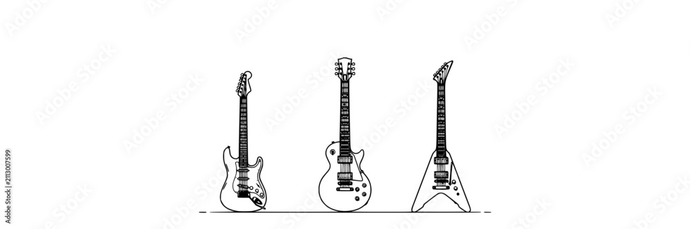 Obraz premium Three Black Electric Guitars with Different Designs and Shapes on a White Background Featuring Guitar, Music, Instrument
