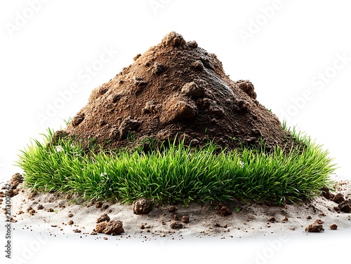 Mound of rich brown soil with green grass ring and scattered rocks on white background