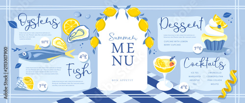 Mediterranean summer restaurant menu design with lemons, fish, cocktail and dessert. Flat design.Vector illustration