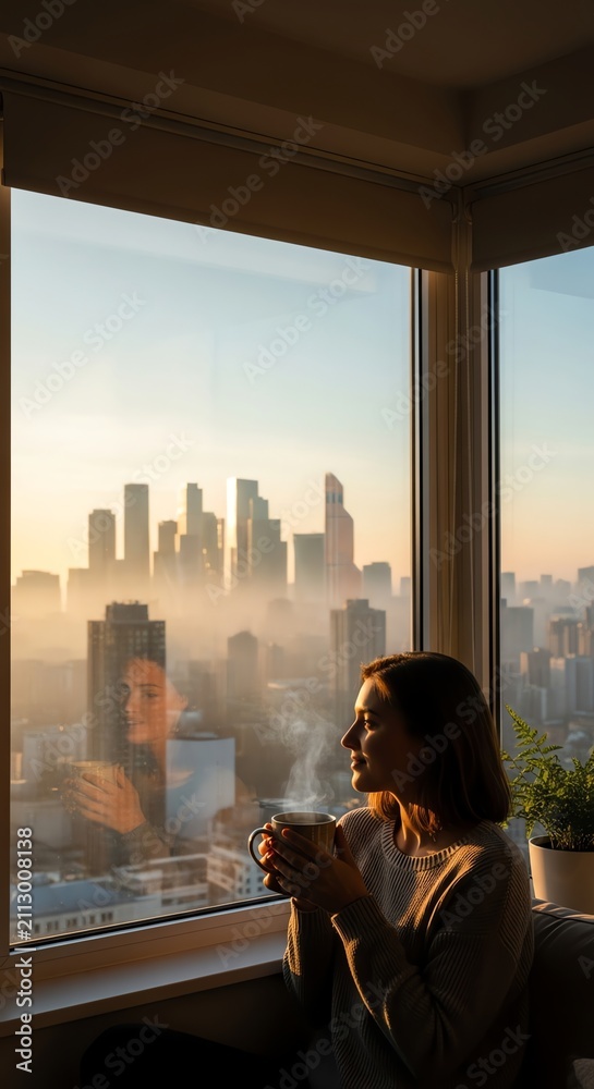 Fototapeta premium Young woman holding a steaming cup of coffee sitting by the window overlooking a modern city skyline at sunset in cozy apartment