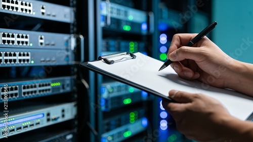 An IT professional inspects server hardware, writing status notes on a blank clipboard in a rack.