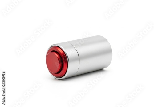 Silver metallic industrial cylinder with red push button