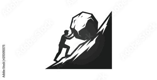 Foto Man Pushing Boulder Uphill Vector Illustration