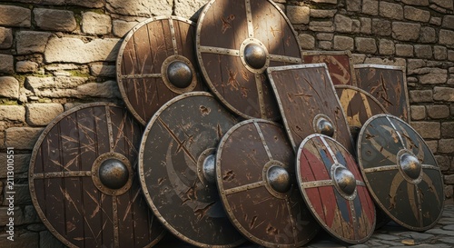 Ancient Viking Shields Stacked Against a Stone Wall, Medieval Warrior Defense Equipment Collection