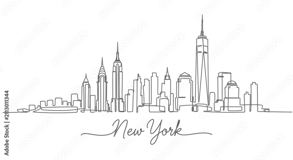 Fototapeta premium Continuous line drawing of New York City skyline. Iconic skyscrapers outline.