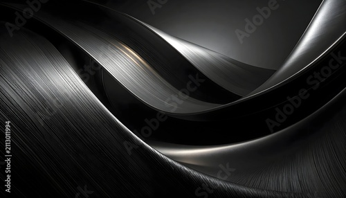 Composición abstracta de ondas negras con textura metálica, curvas fluidas y reflejos de luz sobre fondo oscuro