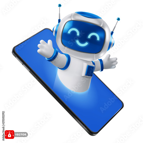 Cute cartoon robot peeking out from the smartphone screen. Ai Chatbot technology, neural networks. Ai content generator, chat bot, assistant, online support and education concept. Isolated Vector