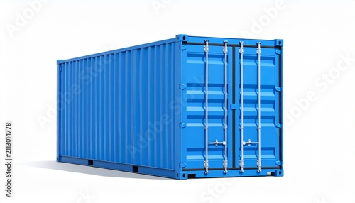 Blue Intermodal Shipping Container with Corrugated Steel Walls and Locking Doors Isolated on White Background