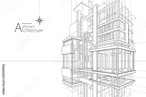 3D illustration architecture building construction perspective design,abstract modern urban building line drawing.