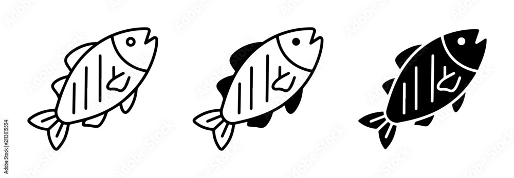 Fototapeta premium Fish Icons Set, Simple Line Art and Silhouette, Seafood and Aquatic Life Graphics