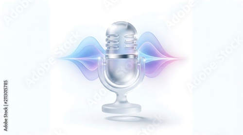 Modern 3D Metallic Microphone Icon with Vibrant Abstract Sound Wave Graphics for Audio Broadcasting and Digital Communication Concepts