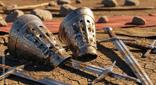 Battle-worn medieval knight helmets and swords lie on the dry, cracked earth, symbolizing historical conflict and ancient warfare