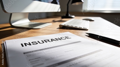 Professional insurance documents on wooden desk with laptop and pen