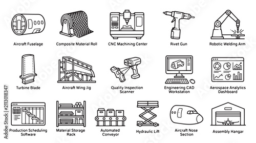 Foto Aerospace manufacturing icons set, 15 industrial aviation production line vector