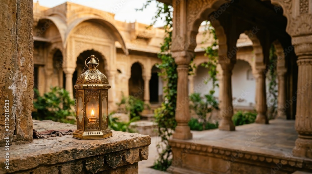 Fototapeta premium Lit ornamental lantern on stone ledge in historic courtyard, traditional South Asian architecture, festive cultural celebration atmosphere