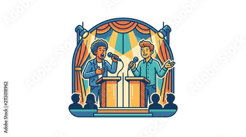 Foto Colorful illustration of two politicians debating on stage.