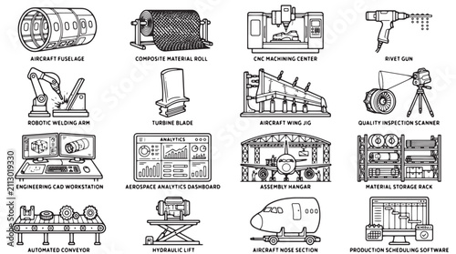 Konstfotografi Aerospace manufacturing icons set, industrial aircraft production line elements,