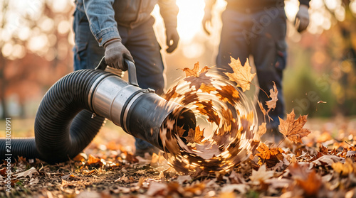 Leaf blower clearing autumn leaves outdoors