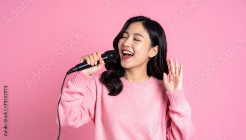 asian girl in pink sweater singing happily on pink background