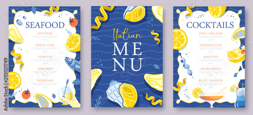 Mediterranean summer restaurant menu design with lemons, fish, oysters and cocktails. Flat design. Vector illustration