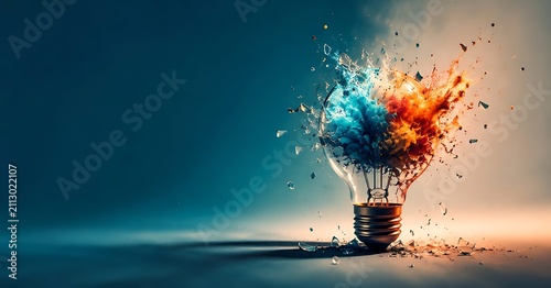 Exploding lightbulb shattering with colorful blue and orange smoke representing creative breakthrough and brainstorm concept