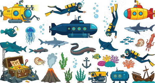 Konstfotografi Underwater Marine Life and Scuba Diving Cartoon Icon Set with Submarines Sharks