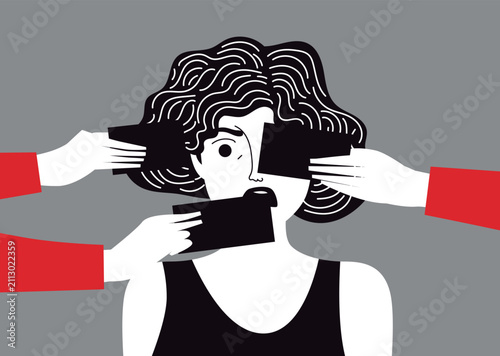 Foto woman being silenced and censored by anonymous hands covering her eyes and mouth