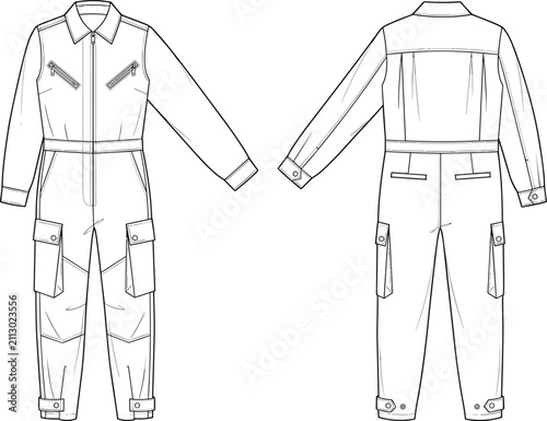 Fotografía Jumpsuit coverall technical flat sketch featuring collared neckline, front zippe