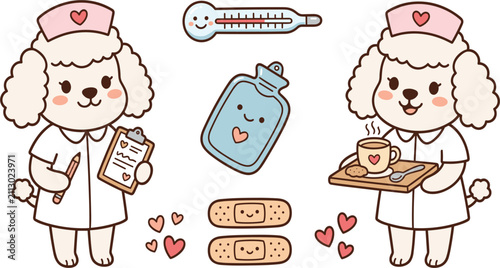 Fotografie Cute Poodle Dog Nurse Vector Character Sticker Set with Thermometer, Hot Water B