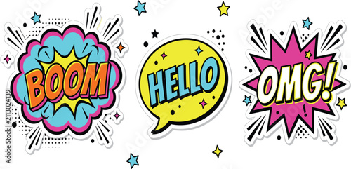 Pop Art Comic Book Speech Bubble Sticker Set Featuring Boom Hello and Omg Text Expressions with Explosion Clouds and Stars for Graphic Designs