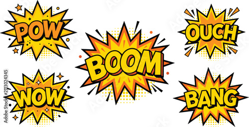  Retro Comic Book Explosion Speech Bubble Sticker Set Featuring Boom Pow Wow Ouch and Bang Onomatopoeia Text Expressions for Graphic Pop Art Designs