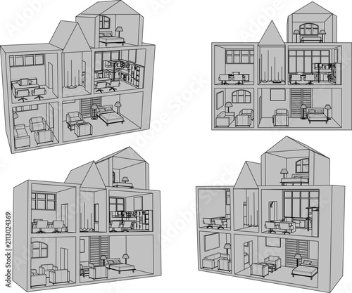 Side view and isometric angles of a cute pink dollhouse toy set featuring fully furnished miniature rooms for children playroom graphic assets